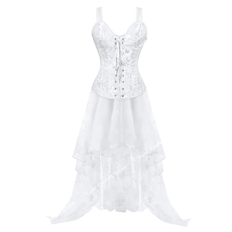 Vestido de corsé de talla grande para mujer, corpiño victoriano, falda larga, conjunto de corsé de boda, traje burlesco, vestido de novia, vestido de corsés blanco