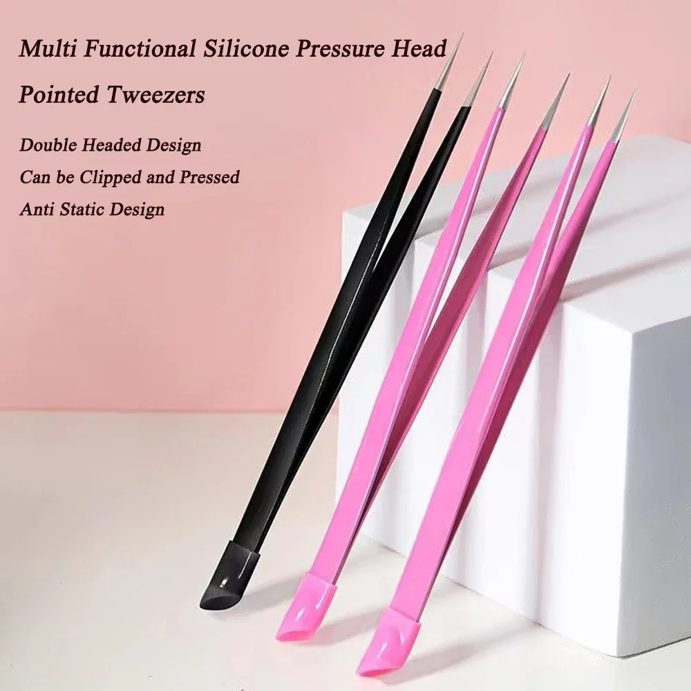 Makeup Tool DoubleSlant Tip Headed Tweezers Stainless Steel Black/Pink Silicone Press Head For Nail Stickers Eyelashes Tweezers