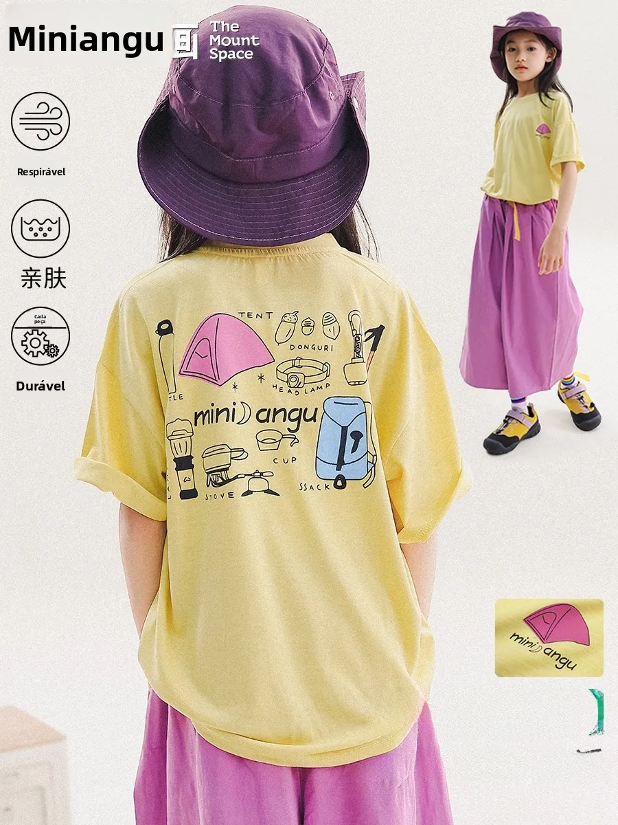 アウトドアガールズ半袖tシャツ夏新作ルーズカジュアルプリントトップ子供用マウントスペースシャツワイルドトレイルドローイングシリーズ