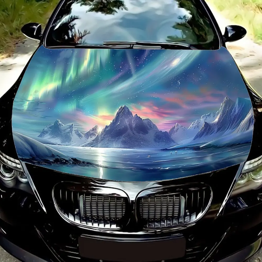 Aurora Snow Mountain Lake Print Car Hood Wrap Color Vinyl Sticker Truck Graphic Bonnet DIY Auto Accessories Decor Decal Gift