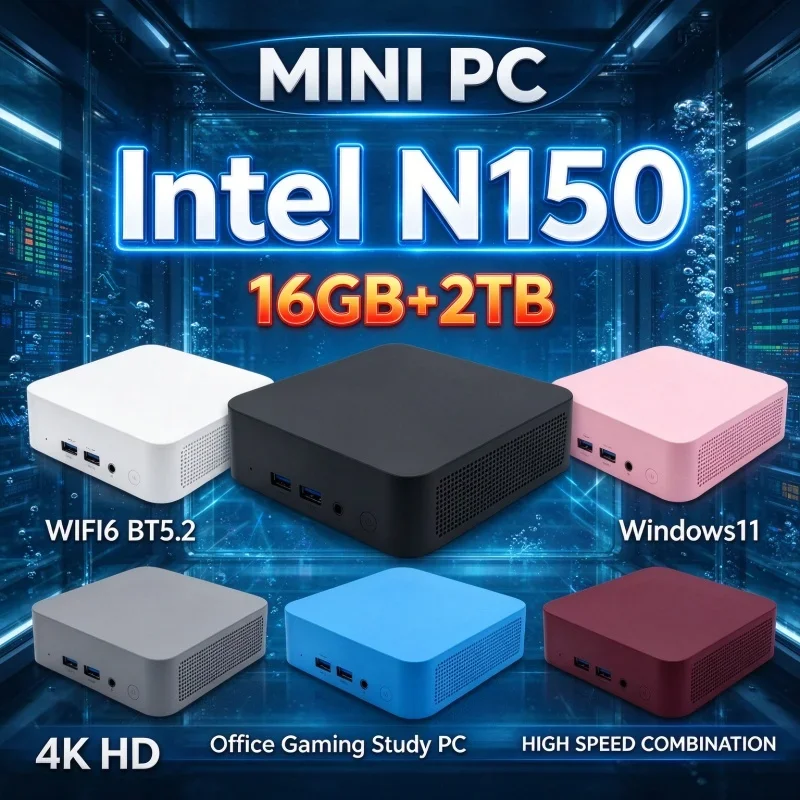 Compact Intel N150 Mini Desktop Host Windows11 16GB RAM 1TB/2TB SSD WiFi6 BT5.2 4K Mini PC for Business Office Home Daily Use