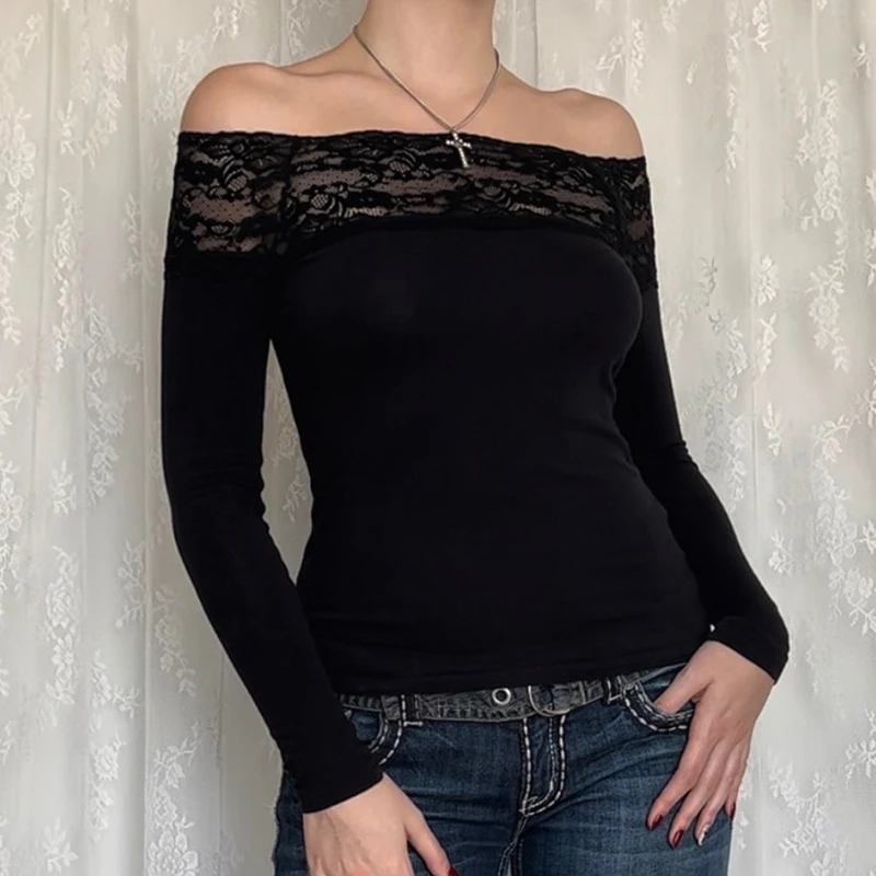 CIBBAR Black Lace Stitched Slash Neck Crop Top Elegant Sexy Skinny Long Sleeve T Shirts for Women Harajuku Y2k Autumn Tees Basic