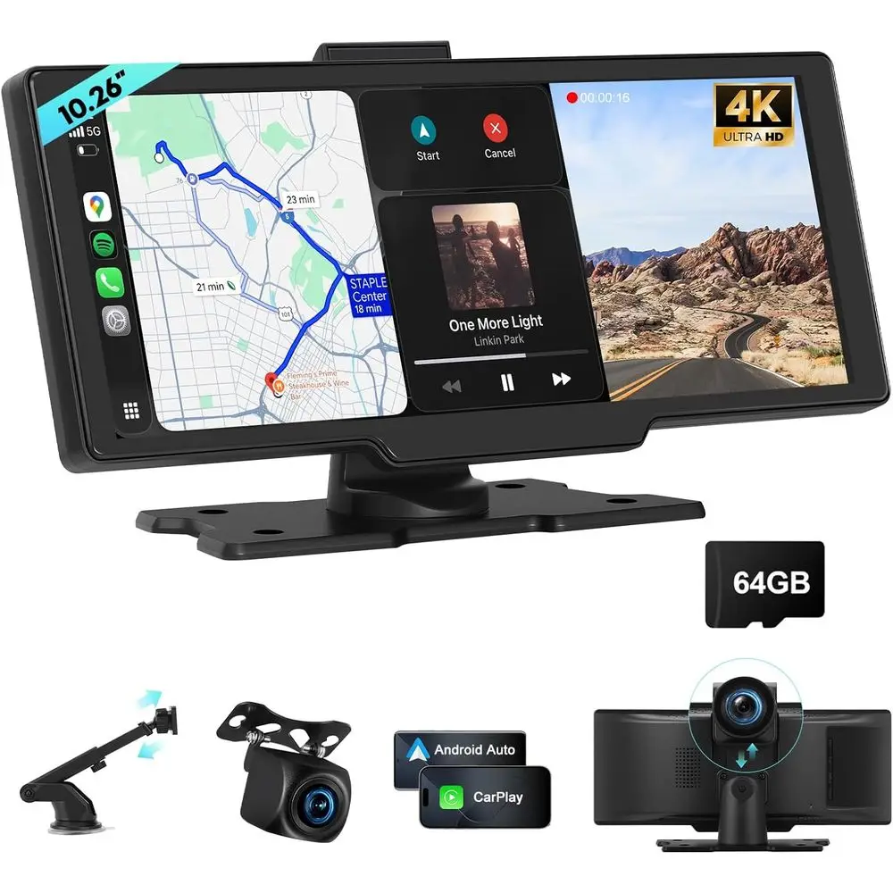 

Беспроводной сенсорный экран CarPlay и Android Auto, 10.26-дюймовый навигатор с голосовым управлением, камера 4K, видеорегистратор 1080P, Plug & Play для легковых и грузовых автомобилей