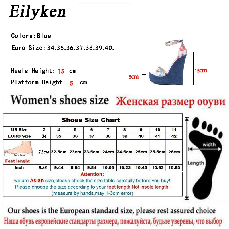 Eilyken Blue Print Denim Platform Wedges Women Sandals Sexy High Heels Buckle Strap Female Shoes Zapatos Mujer