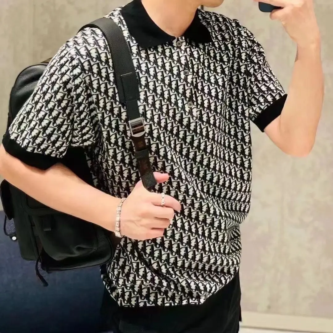 Trendy brand new letter jacquard short-sleeved knitted short-sleeved Polo shirt lapel sweater men's and women's same style