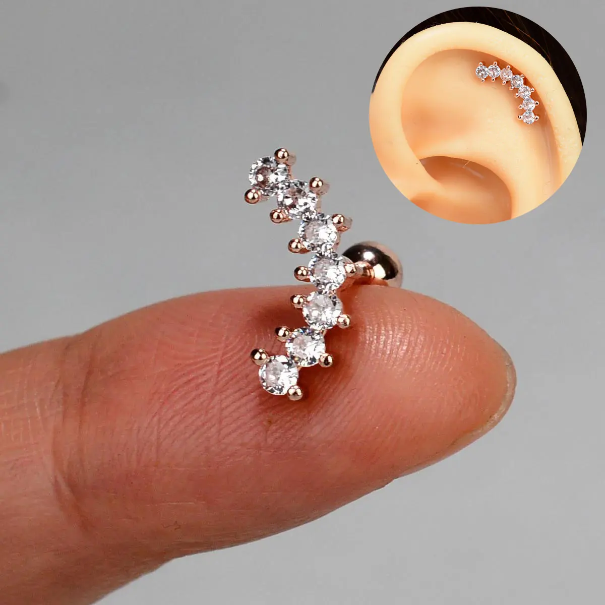 Curved CZ Cartilage Stud Moon Leaf Earring, Stainless Steel
