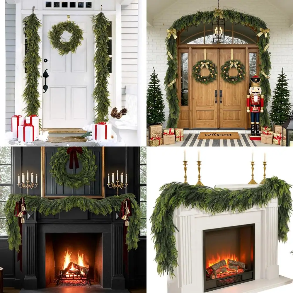 

Искусственная рождественская гирлянда, норвежская сосна 9 футов, Real Touch, для использования в помещении и на открытом воздухе, зимние украшения для стола, мантии, камина