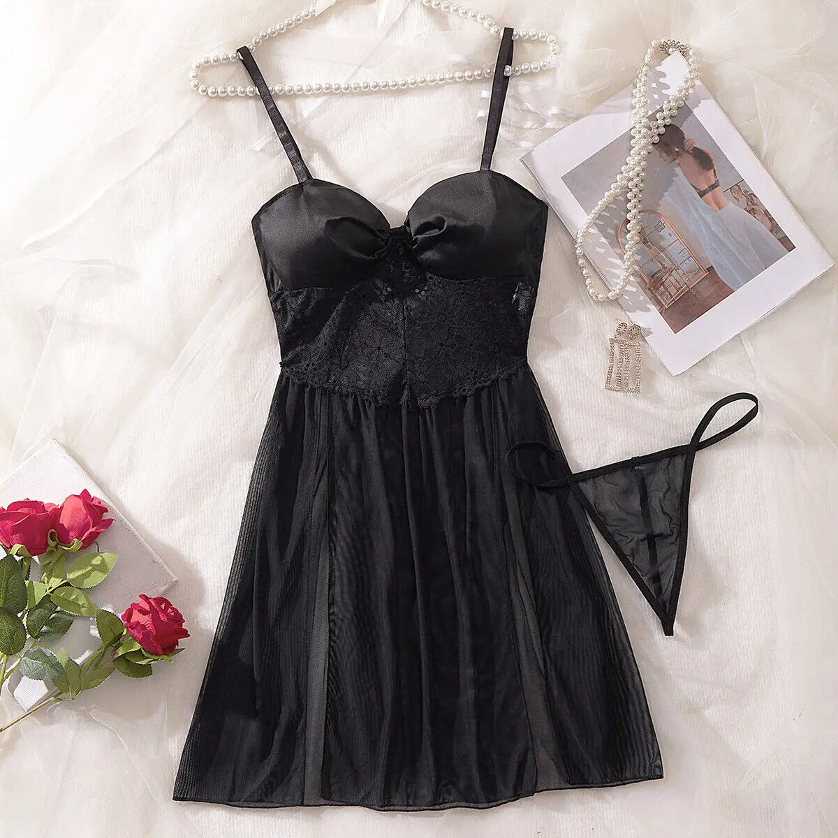 Femmes noir Sexy nuisette col en v Lingerie dentelle pure vêtements de nuit robe noire Teddy nuisette Chemise robe pour les femmes