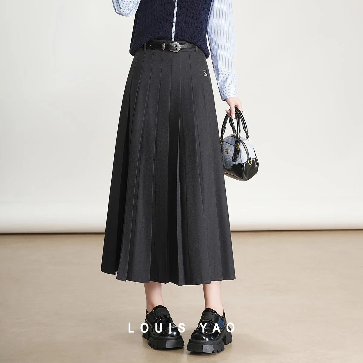 LOUIS YAO A-line Women's Skirts 2026 Spring/Autumn Elegant Solid Color Long Skirt Textured Pleats Embroidered Pleated Skirt