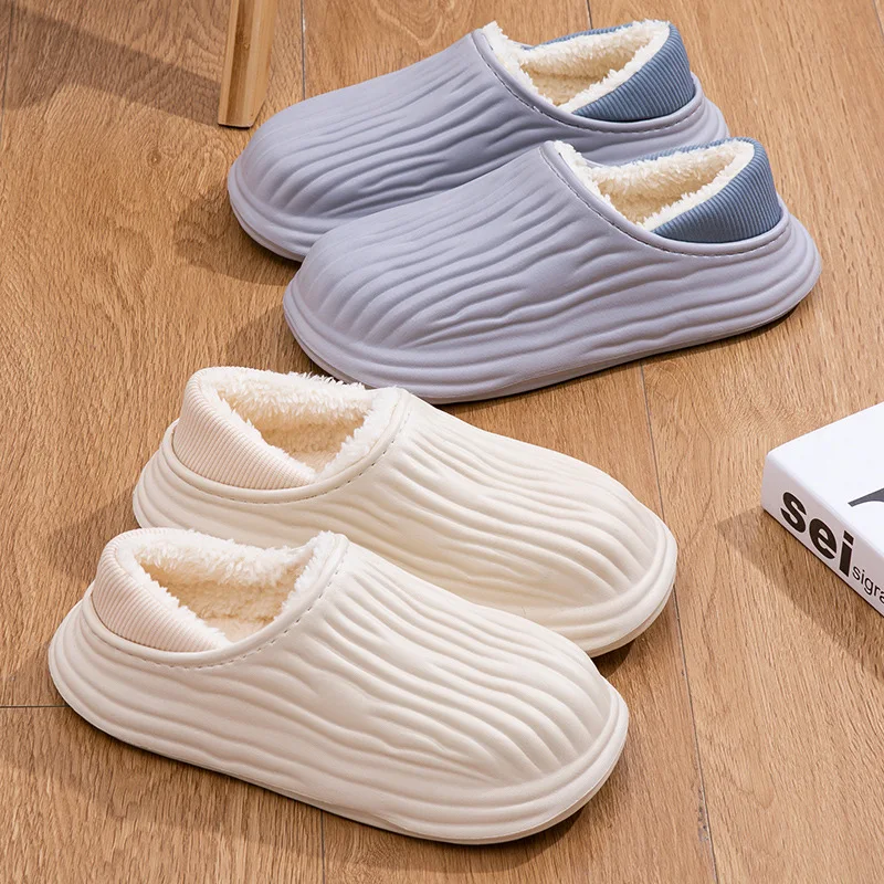

Winter Women Cotton Slippers Warm Non-Slip Thick Bottom Slides Soft Waterproof Home Shoes Plush Men Couple Outdoor Slipper