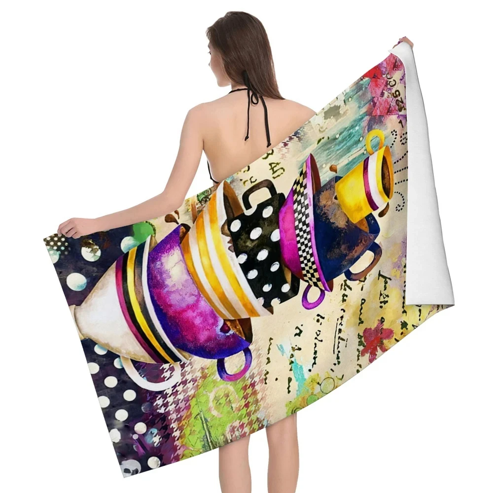 Colorful Graffiti Coffee Cup Print Beach Towel Microfiber Quick-Dry Bath Towel Absorbent Sandproof Sports Travel Camp Spa Towels