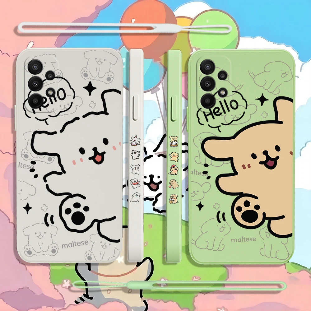 Cute Cartoon Happy Dog Puppy Phone Case For OPPO Reno 3 4 8 8Z 7 6 5 F19 F9 Pro 4G 5G Liquid Soft Silicone Cover With Hand Strap