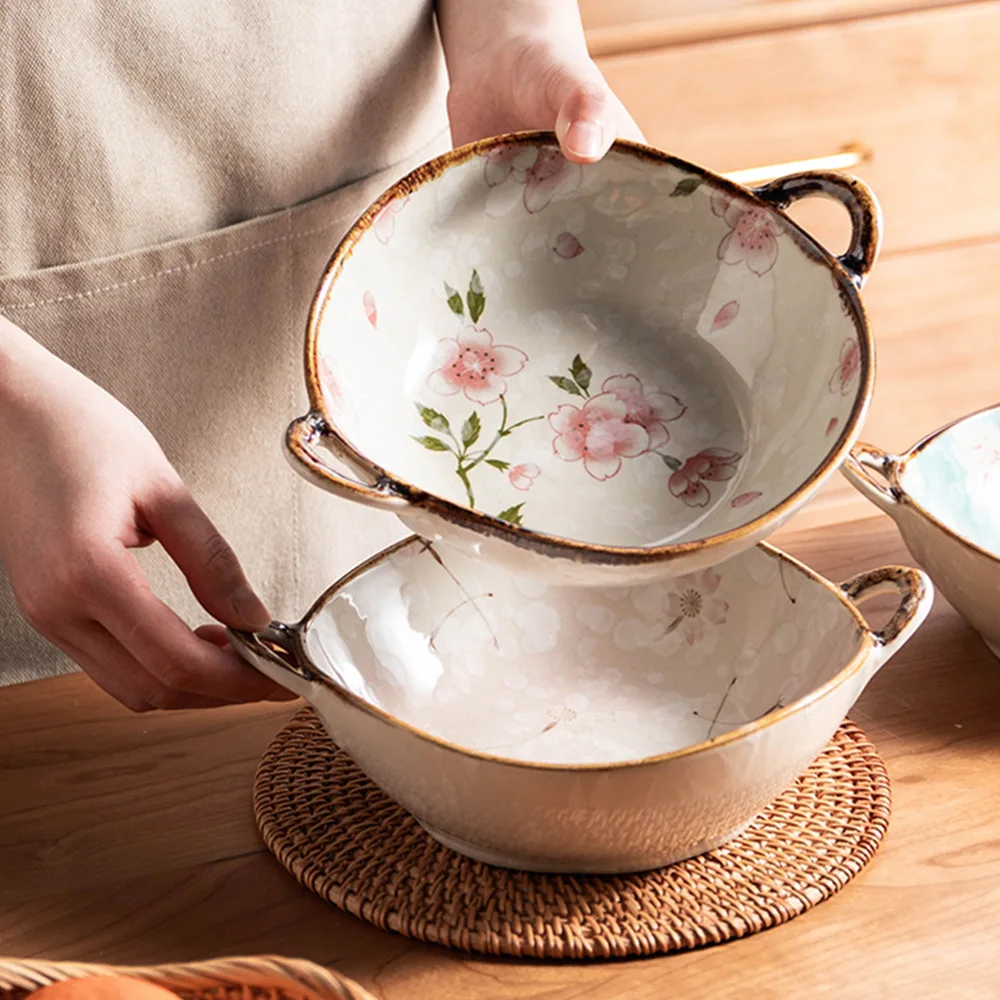 Ywdl 700ml japanische Blumen Nudel schale mit Griff Keramik Suppe Salat Nudel schale Küchen geschirr runde Backform