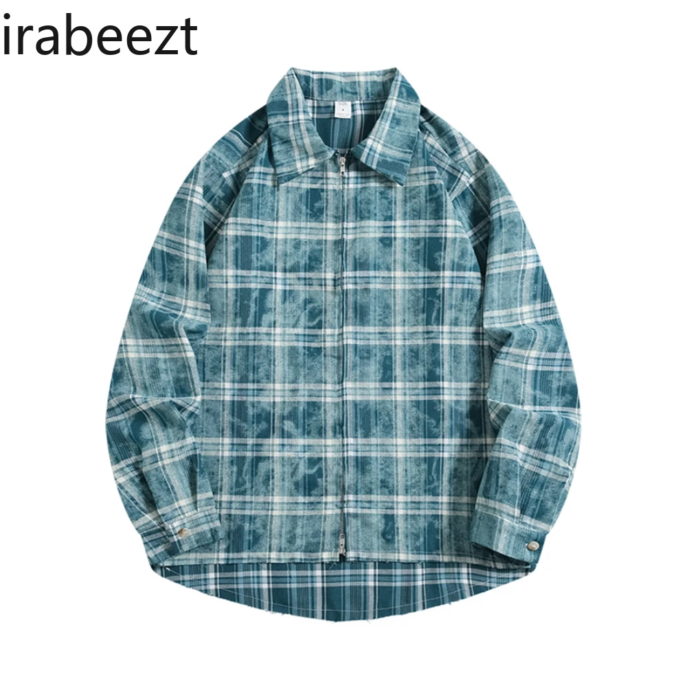 

American Retro Smut Show White Shirt Lake Green Plaid Double Zipper Coat for Men and Women Regulai Fit Tops Mujer