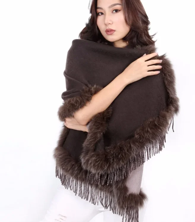Ladies Real Fox Fur Trim 100% Pure Cashmere Scarf Double Color Wrap for Winter Autumn Fluffy Warm Ladies Scarf