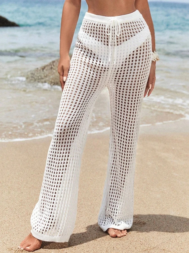 エレガントな女性のニットワイドパンツ快適なドローストリングカジュアルソリッドカラー中空ファッション服