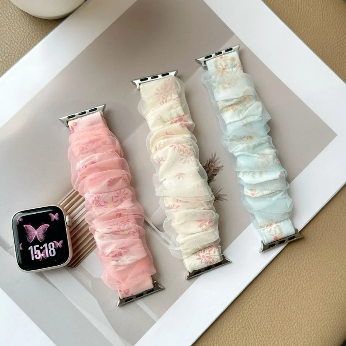 Ins Stylish Yarn Scrunchie Strap Suit for Apple Watch Series Women's Polka Dot Yarn-style Sweet Large Scrunchie Iwatch Strap