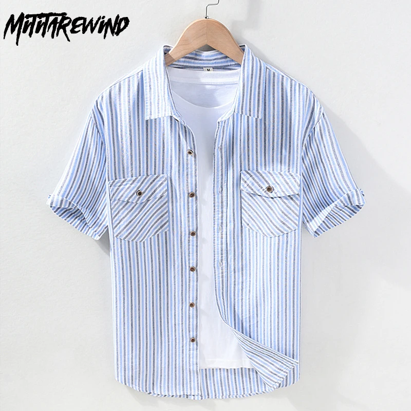 

Summer New Men's Shirts Korean Fashion Men Short Sleeve Striped Shirts Double Pockets 100% Cotton Button Up Shirt Comfortable