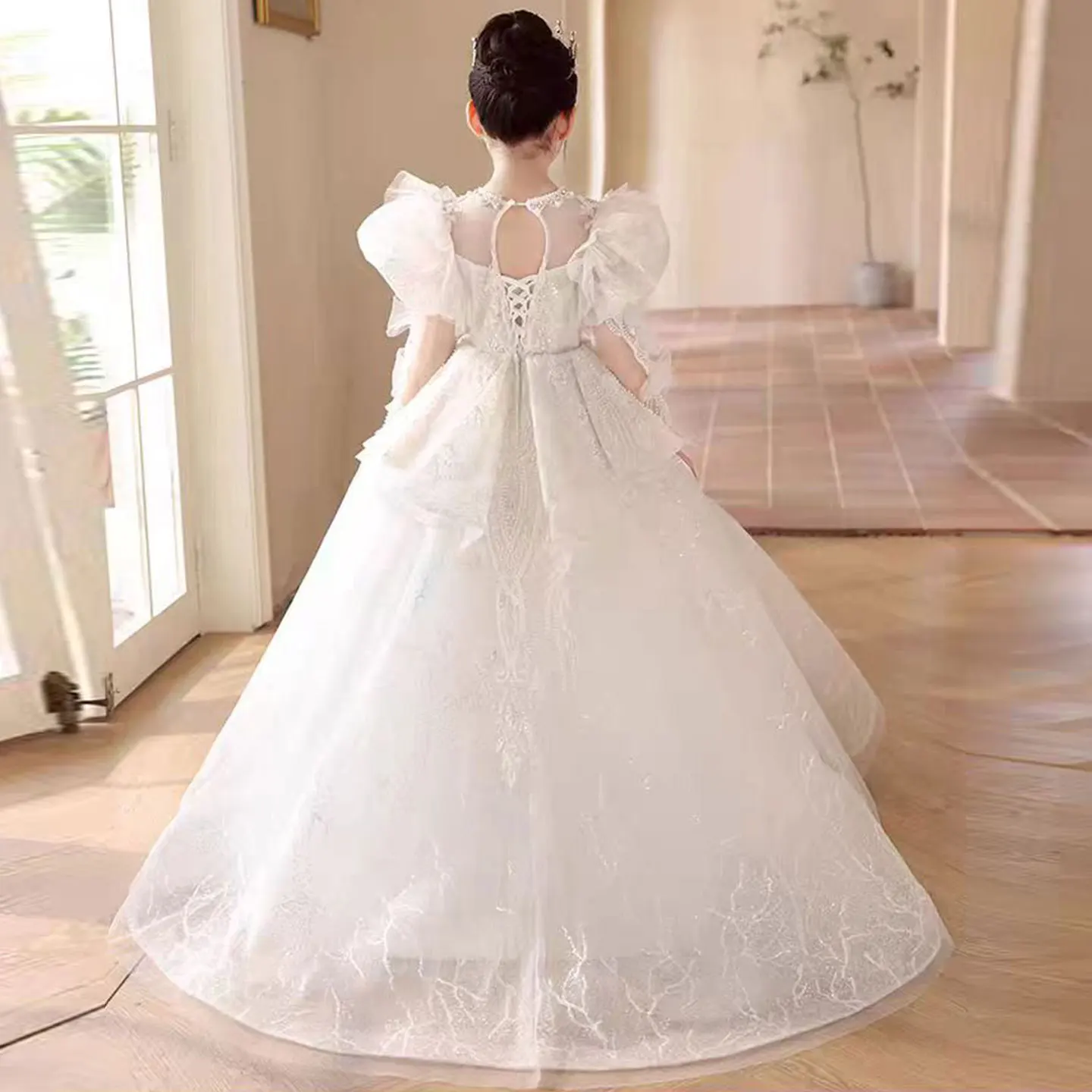 Jill Wish J324 Luxury White Crystal Girl Dress Court Train Long Sleeve Arab Kids Princess Wedding Birthday Party Pageant Gown