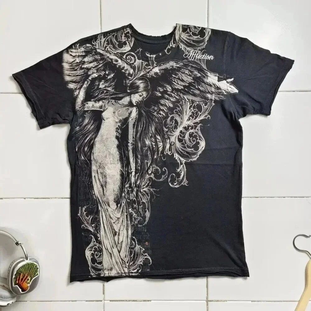 2026 Sommer Y2K Gothic-Print Harajuku-Stil T-Shirt High Street Broken Feeling Herren Kurzarmshirt Partnerlook Kinder-Oberteil – Detail 9