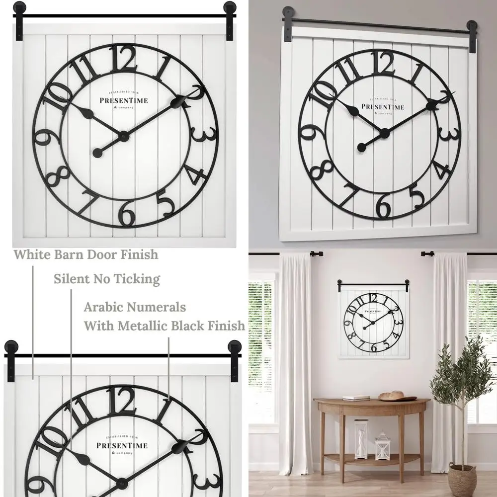 

Cream White Shiplap Farmhouse Barn Door Clock with 3D Arabic Numerals, Silent Movement, 23 High x 21 Wide