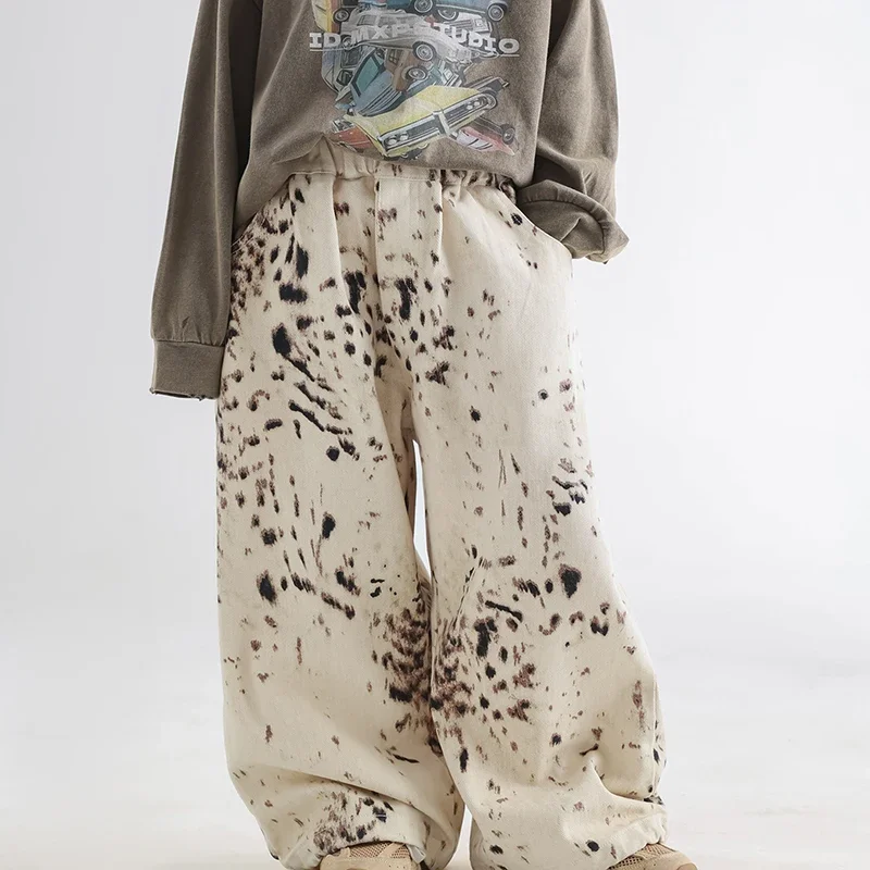 

2025 Autumn New 2-8Y Kids Leopard Print Jeans Apricot Baggy Wide Leg Elastic Waist Soft Denim Trousers