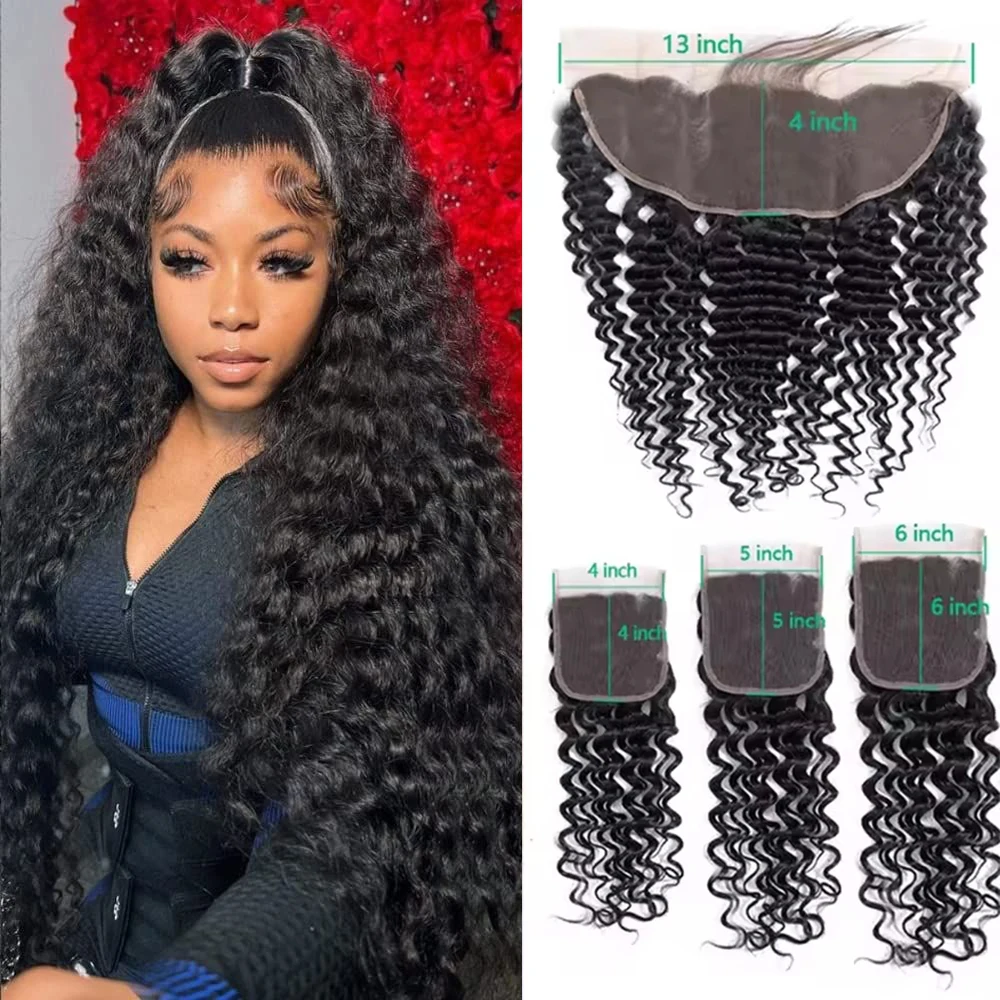 

4x4 5x5 Кружевная застежка Человеческие волосы Глубокая волна Фронтальное кружево Только глубокая часть Натуральный цвет Прозрачная фронтальная часть 13x4 Cabello Humano