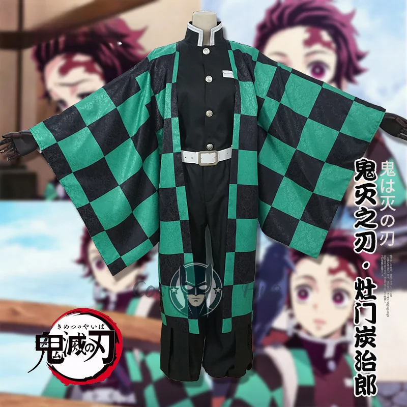 

Anime Demon Slayer Kimetsu No Yaiba Cosplay Costume Kamado Tanjirou Green Grid Kimono Uniforms Adult Halloween Party Clothes
