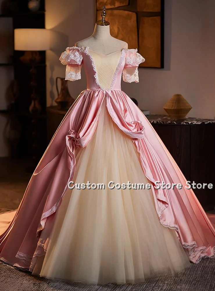 

Customized Victorian Vintage Pink Prom Dresses Snap Shoulder Short Sleeve A-Line Lace Insert Pleated European Evening Dresses