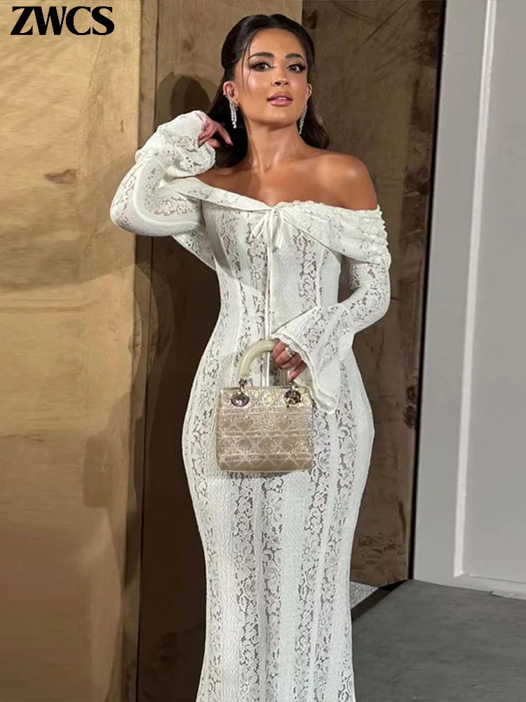Elegant Lace Off Shoulder Maxi Dress Women Sexy Hollow Out Long