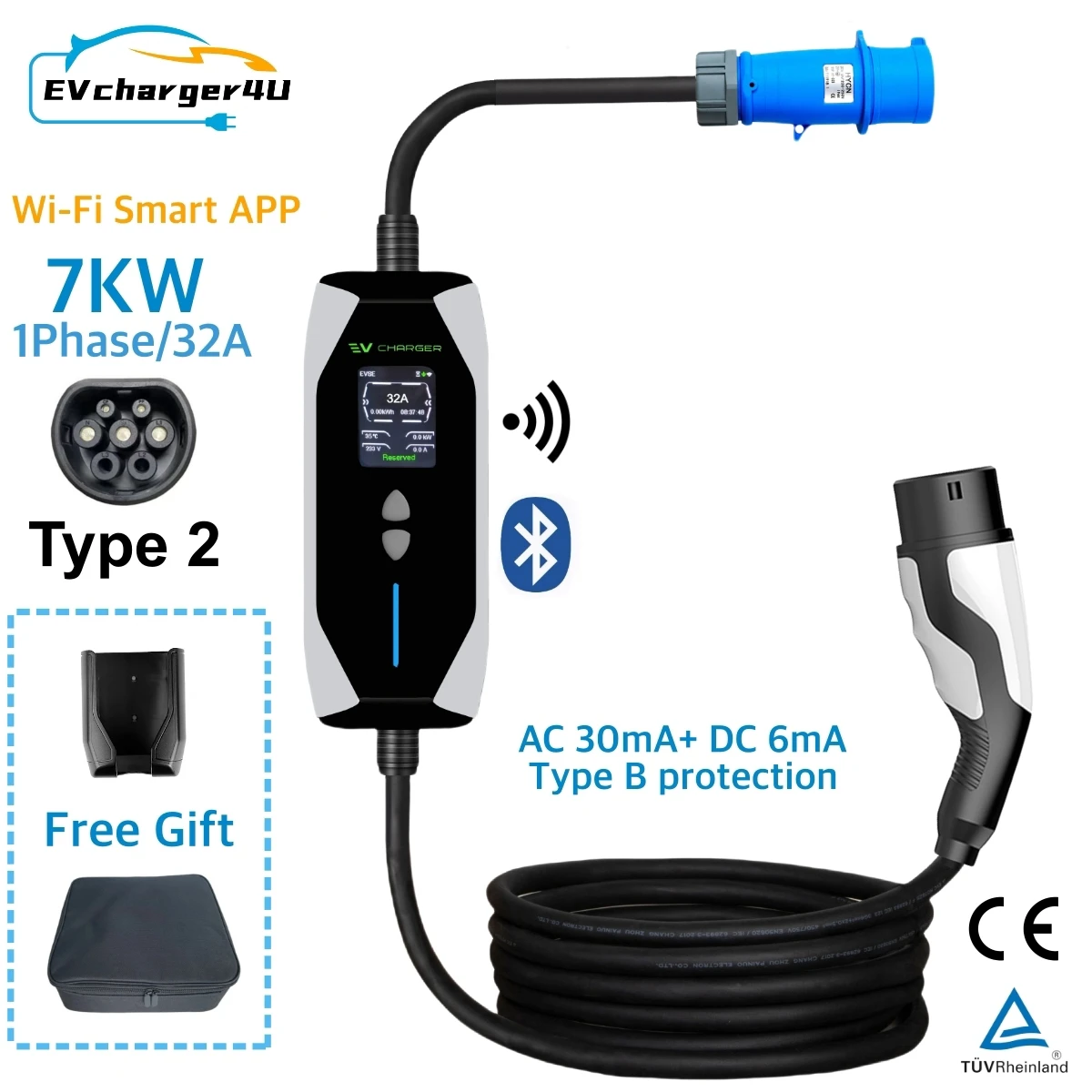 Ładowarka EV EVcharger4U Typ 2 IEC62196 Przenośna Ładowarka EV 1P 7kW Regulacja Prądu 6A-32A Inteligentne Sterowanie Aplikacją WiFi do Pojazdów Elektrycznych