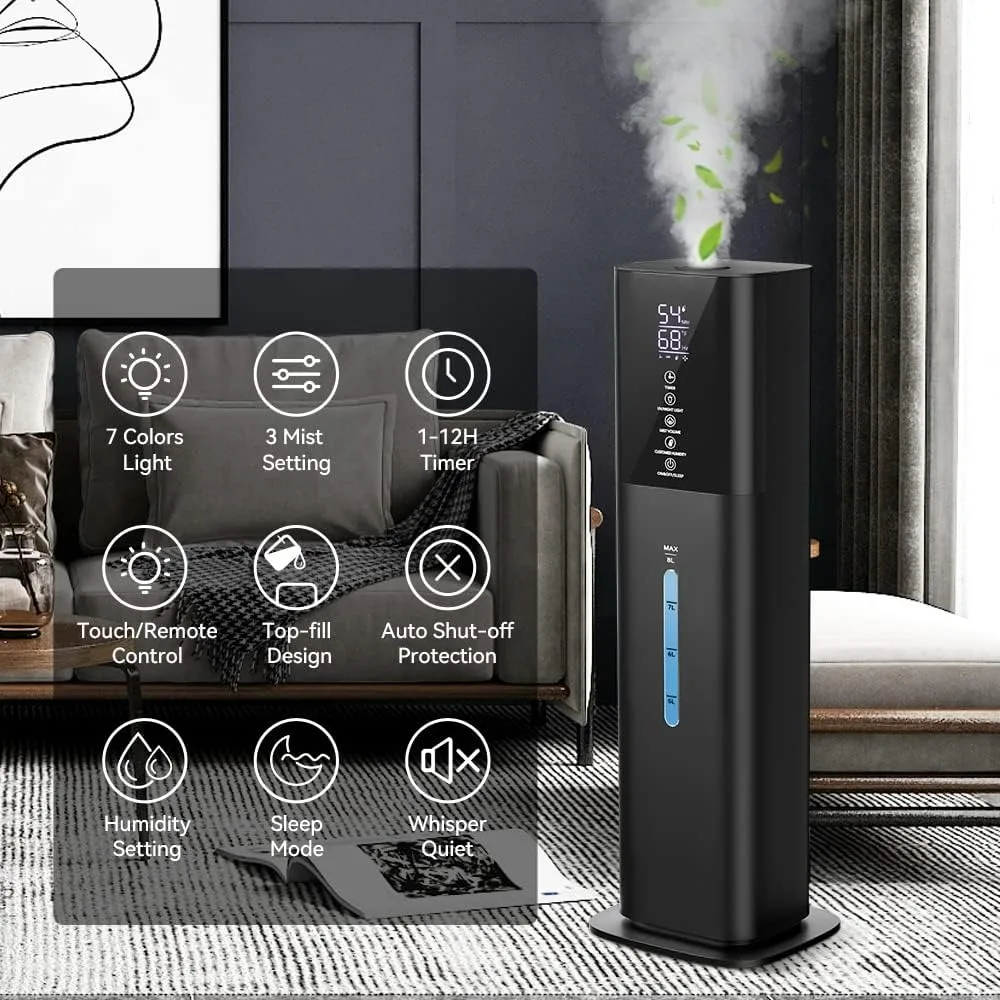 Dormitorio de habitación grande con luz de 7 colores, 2,1 gal(8 L) Humidificador ultrasónico silencioso de niebla fría de 3 velocidades con 360 °   Boquilla, juego de humedad