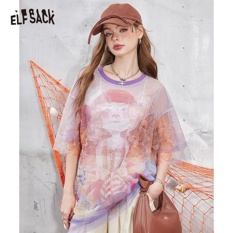 ELFSACK 2024 Summer New Arrivals Sparkling printed mesh short sleeved t-shirt for women, slightly translucent loose top