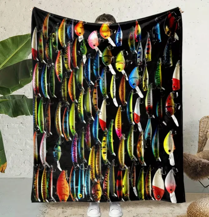 Fishing Enthusiasts' Dream Cozy All-Season Flannel Throw Blanket with Vibrant Fishing Lure Patterns - Soft, Warm Blanket