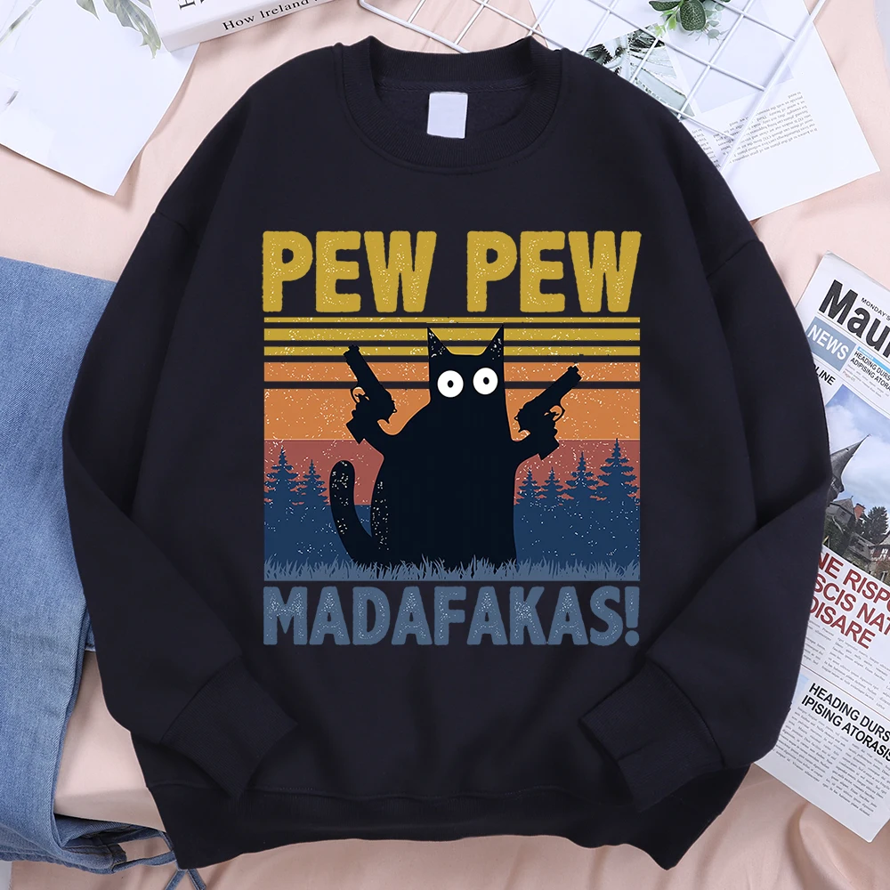 Pew Pew Madafakas Double Gun Cat Hoodie Men Fashion Oversize Sweatshirt Harajuku Streetwear Casual Crewneck Fleece Loose Hoodie