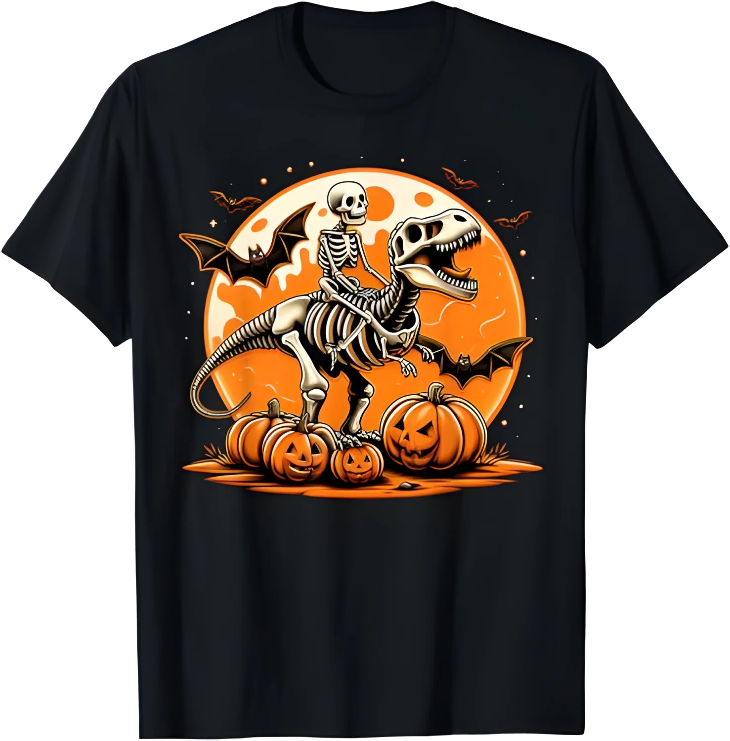 Skeleton Dinosaur T Rex Dino Pumpkins Moon Boys Halloween T-Shirt