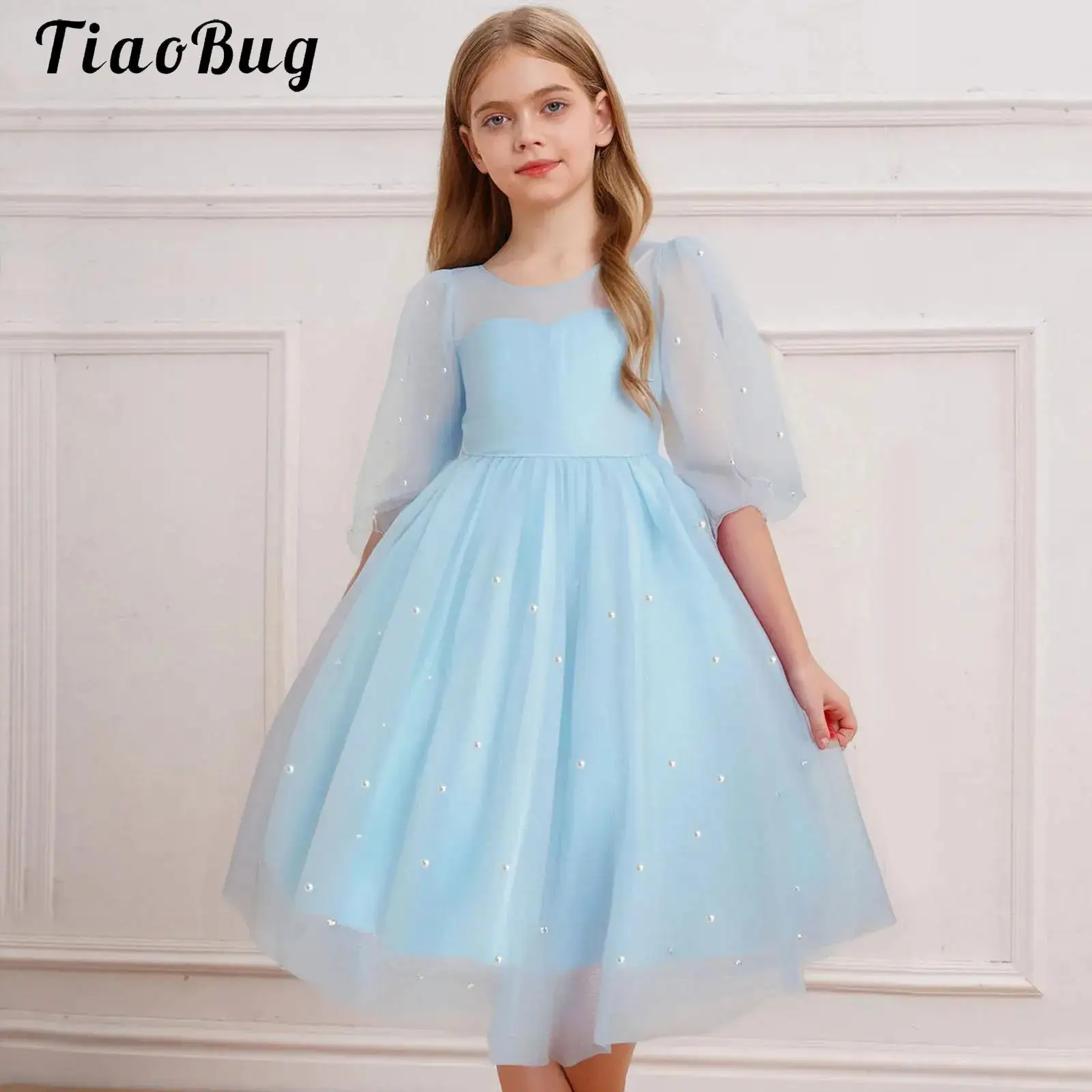 

Girls Princess Dress Half Sleeve Tulle Dress Kids Big Bow Wedding Party Flower Girl Bridesmaid Dress for Birthday Evening Prom