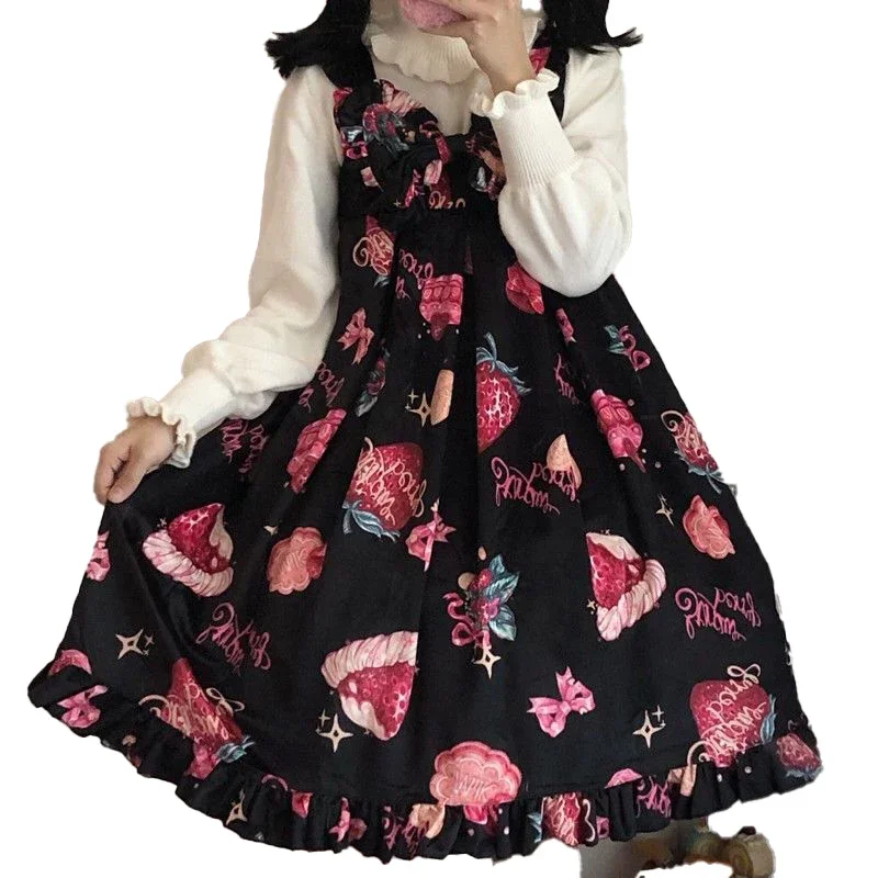 Vestido Lolita sin mangas para mujer, vestido Kawaii japonés, fresa, Jsk, tirantes, Cosplay