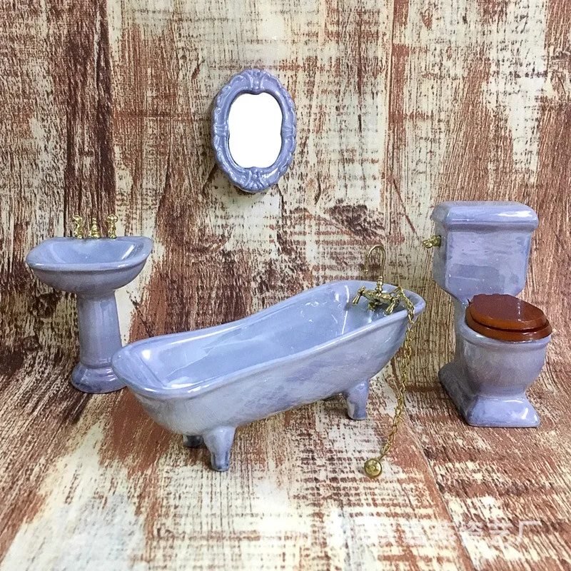 1/12 Dollhouse Mini Furniture Ceramic Bathroom Set Toilet Bathtub Dolls Kids Role Play Toys Gift Dollhouse