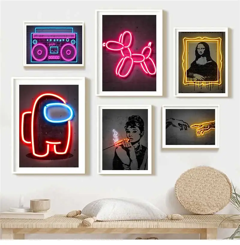 Neon Street Art Graffiti Creation Print Poster Audrey Monalisa Boombox Canvas Painting Balloon Dog Wall Pictures Bar Room Decor