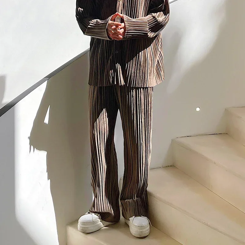 Menswear 2 Piece Sets Pleated Fabric Oversize Loose Casual Long Sleeve Shirt Pant Streetwear Vintage Fashion Shirt Trouser Suits