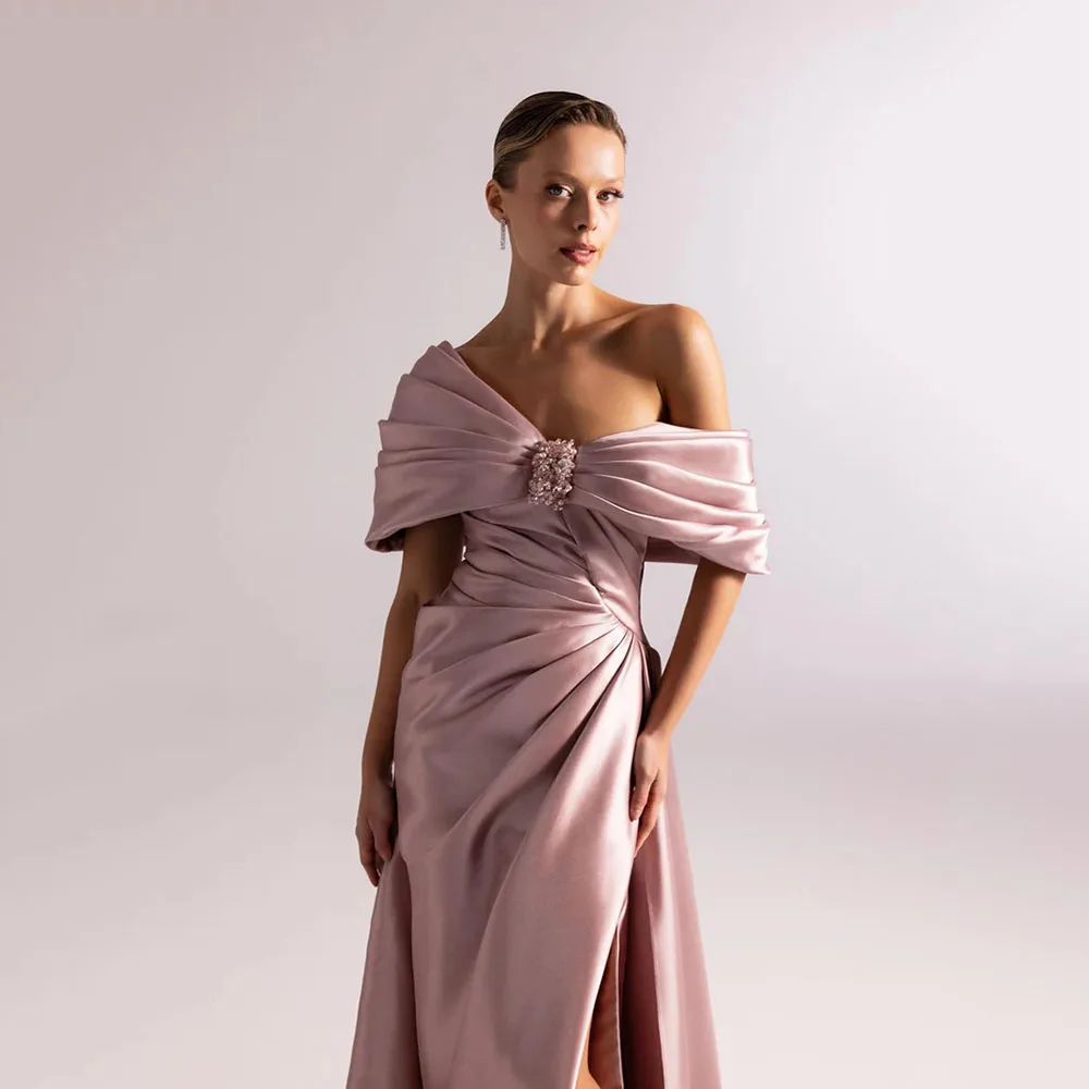 Customized Satin Long Evening Dresses Elegant Formal Occasion One Shoulder Prom Gowns Bead Crystal Floor Length Prom Dresses