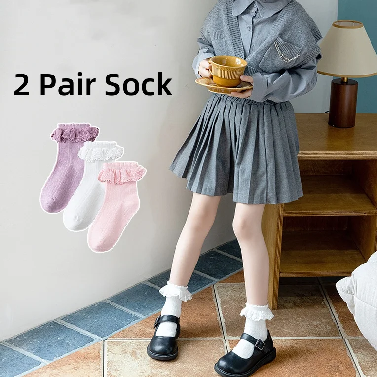 2 Pair Sweet Kids Girl Calf Sock Lace Ruffle Bow Princess Toddler Girl Sock Springa Autumn Soft Cotton School Sock for 0-12 Year