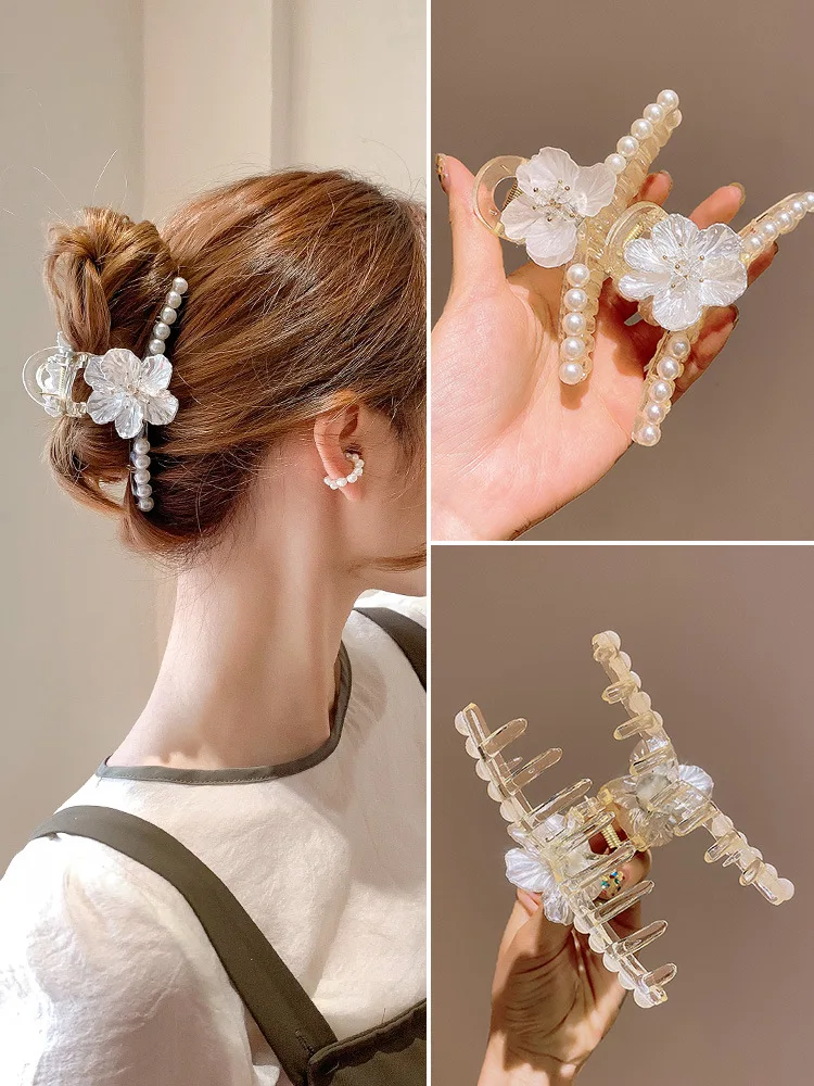 Hair Clips Crystal Pearl Flower Hairpin Fashion Elegant Hairpins Horsetail clip Headwear for Women Hair Accessories Hair Claws