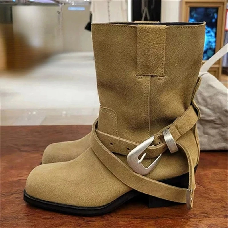 

Aneikeh/2026, осенне-зимние женские ботильоны в стиле панк на квадратном низком каблуке с дизайнерской пряжкой на ремне, женские ботильоны «Челси»