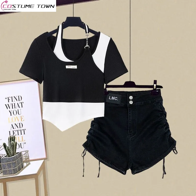 Spring and Summer Suit Women\'s 2023 New Korean Fashion Fake Two-piece Top+reduced Age Casual Shorts Two-piece Suit