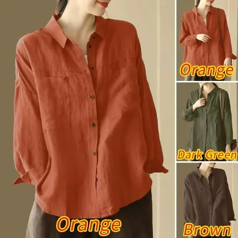 2025 new autumn cotton and linen retro shirt loose lapel pocket long sleeve casual vacation shirt