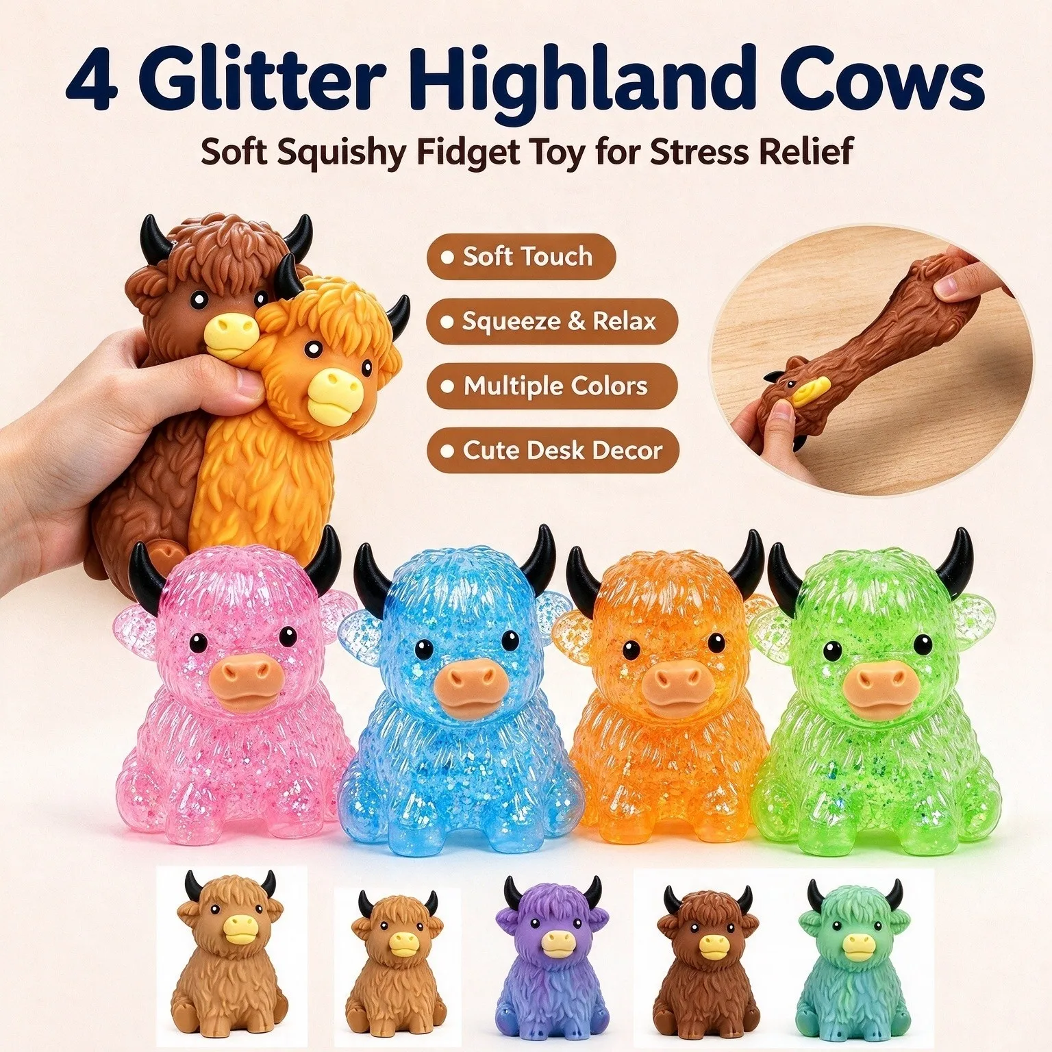 Glitter Highland Cow Squishies Fidget Toy Funny Cute Sensory Squeeze Soft Slow Rising Stress Relief Ball Novelty Gift For Adults