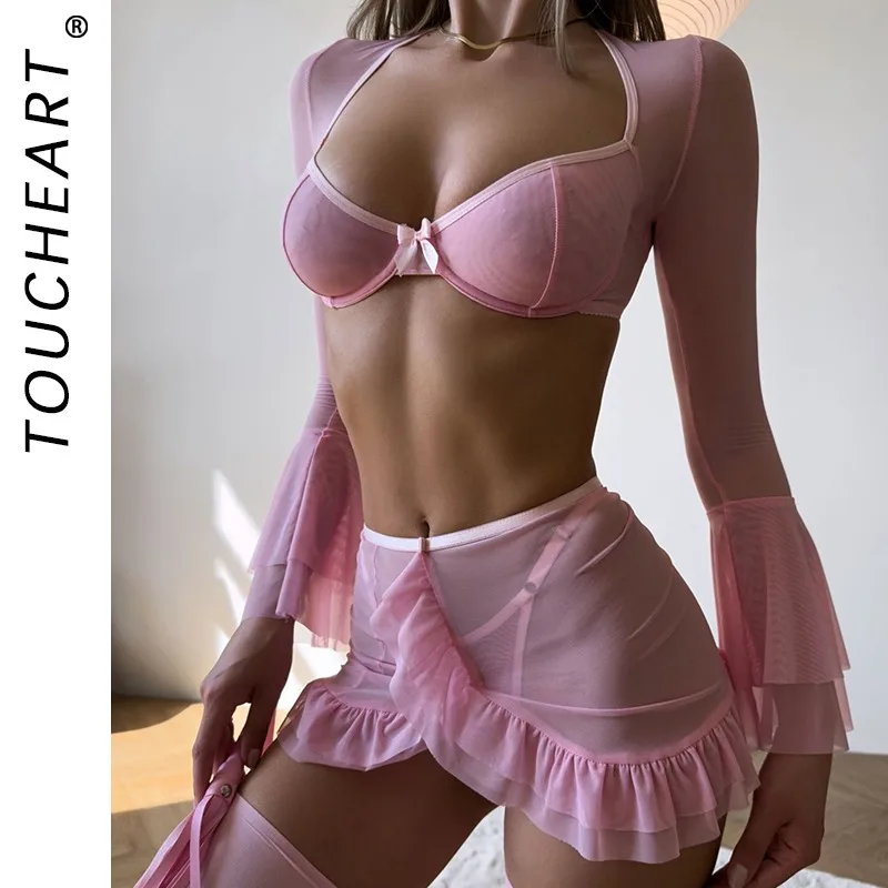 

Toucheart Cute Erotic Lingerie One Shoulder Bow Knot Decor Women Gather Together Seductive Elegant Sissy Charming Underwear Set