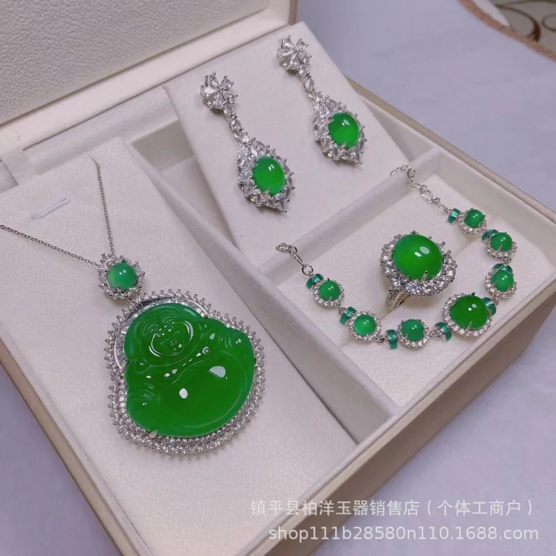 925Silver Plated Inlaid High Green Chalcedony Full Pendant Earrings Two-Piece Set Agate Gemstone Set